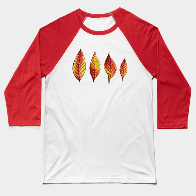 Four Red Yellow Watercolor Painted Autumn Leaves Baseball T-Shirt by Boriana Giormova